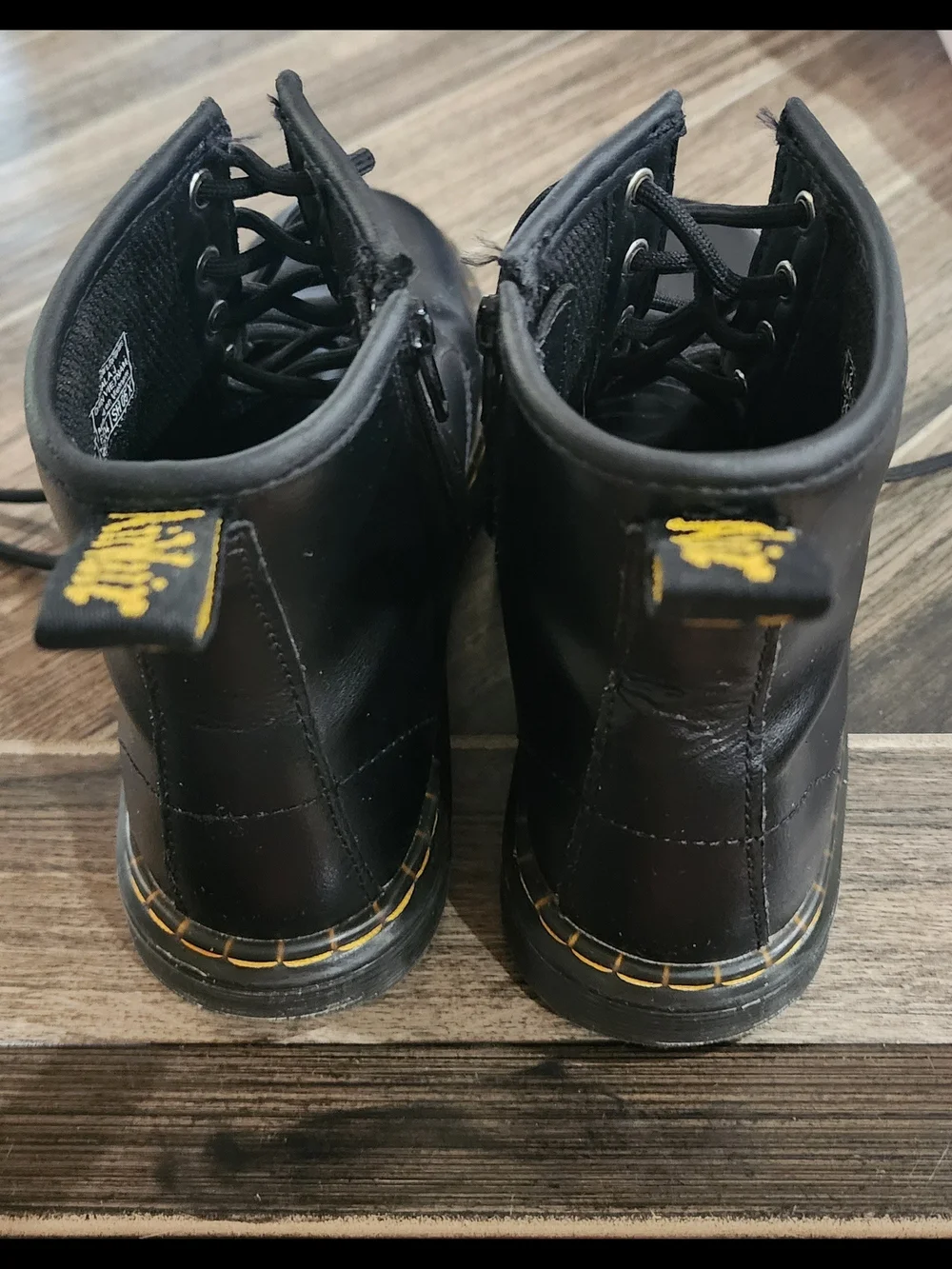 Kids Sz 3 Dr. Martens Black Lace-Up Combat Boots with Yellow Stitching